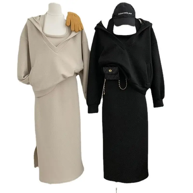 2025 Conjunto de otoño e invierno falda suelta con capucha vestido con cuello colgante chaqueta con capucha suelta moda Casual conjunto de dos piezas para mujer