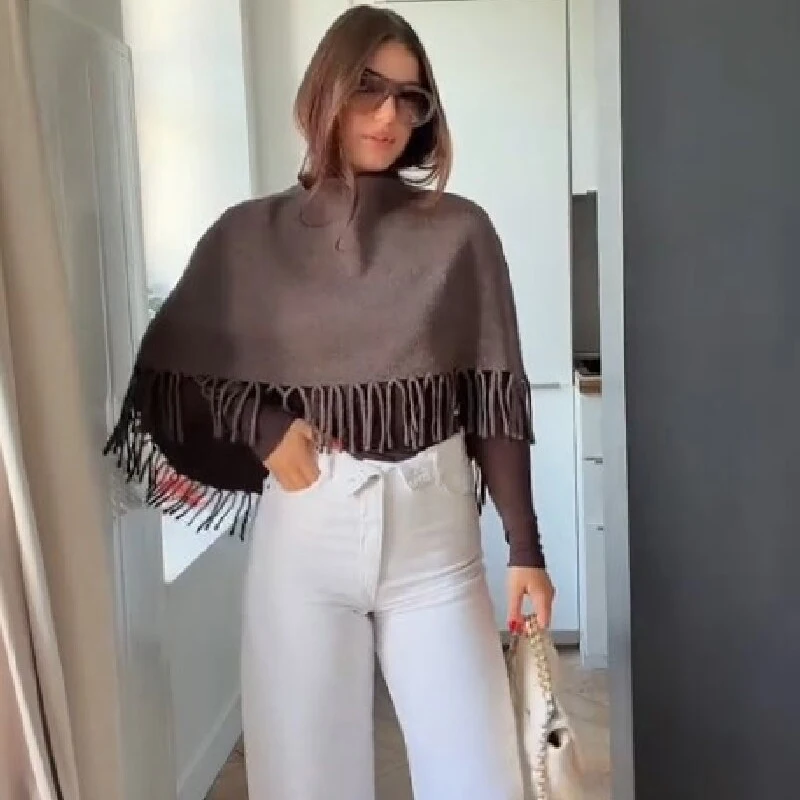 Elegant Brown Knitted Cape Coat Women Chic Shawl Fringe Hem Relaxed Retro Trend Tops 2026 Autumn Lady Casual Daily Knitwear