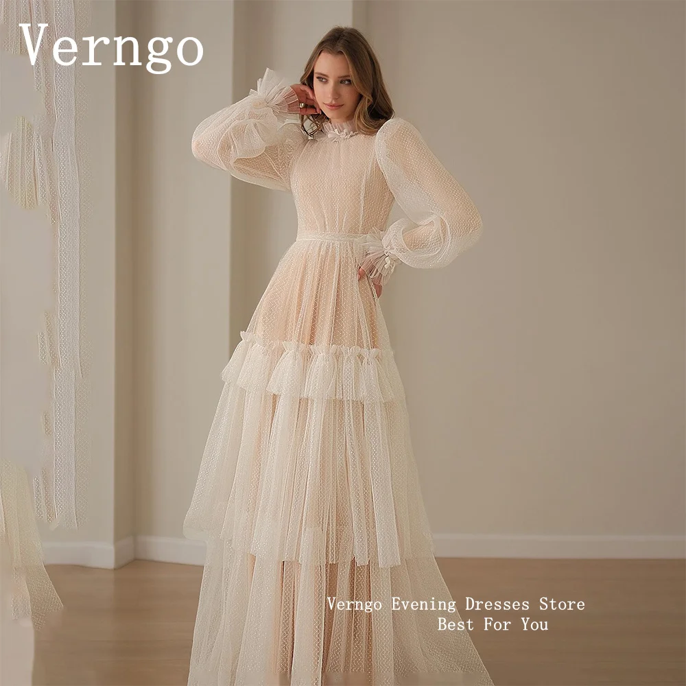 

Verngo Elegant Beige Evening Gowns Tulle Prom Dresses Puff Long Sleeves Wedding Party Dress High Neck Lace Party Dress