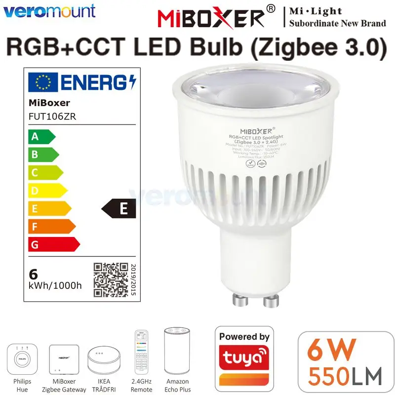 

MiBoxer FUT106ZR Zigbee 3.0+2.4G RF AC110V 220V Smart TUYA 6W GU10 RGB+CCT Brightness/Color Temperature Adjustable LED Spotlight