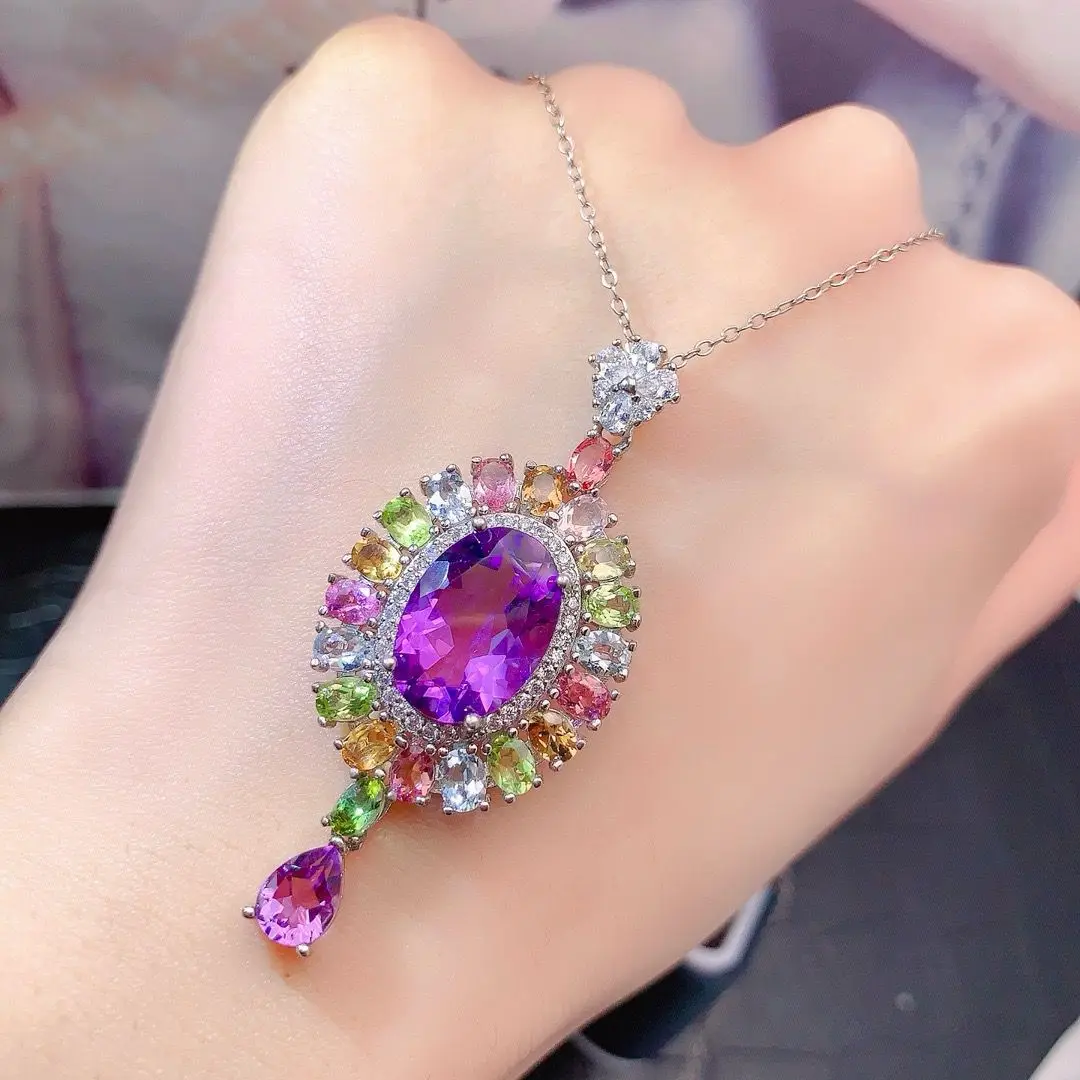 ZECAA Amethyst Fine Jewelry Pendant With Natural Amethyst Gemstone 10*14mm Silver Lady Amethyst Pendant Jewelry For Woman Gift