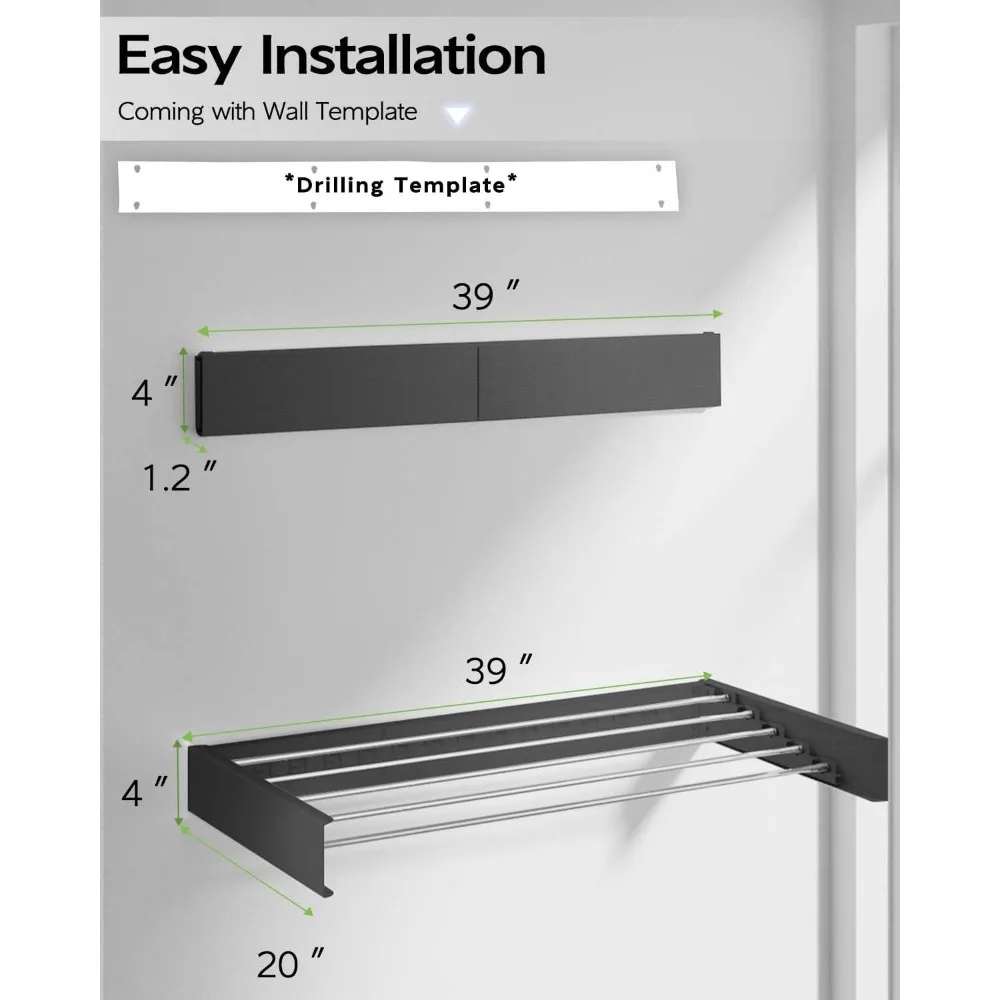 Indoor Foldable Wall Mounted Laundry Drying Rack, 40 Collapsible Clothes Hanger, Space-Saving Storage Solution
