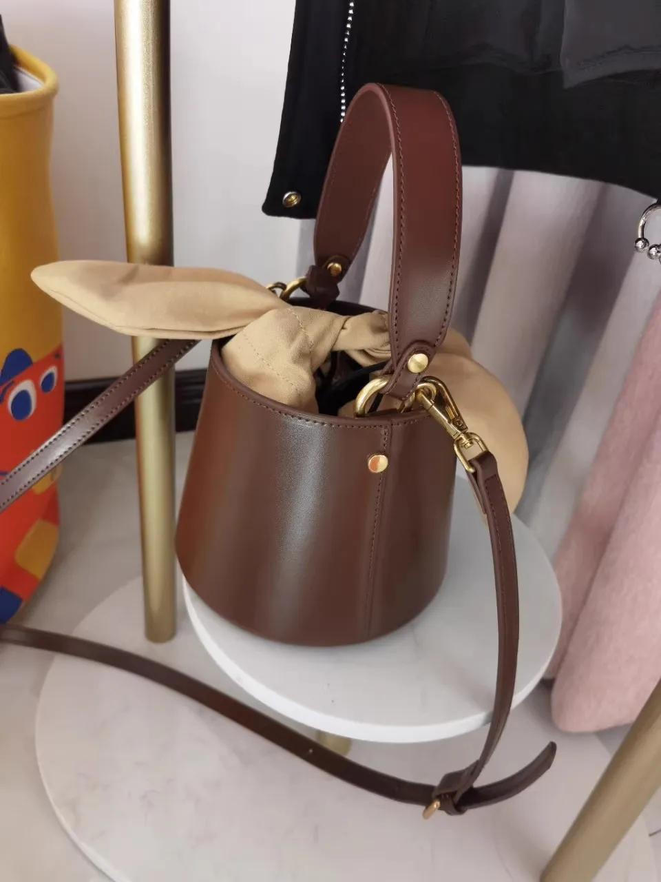 MINI Round Bucket Handbag Women Luxury Genuine Leather  Unique Bunny Ear Detail Minimalist Portable Handbag Crossbody Shoulder