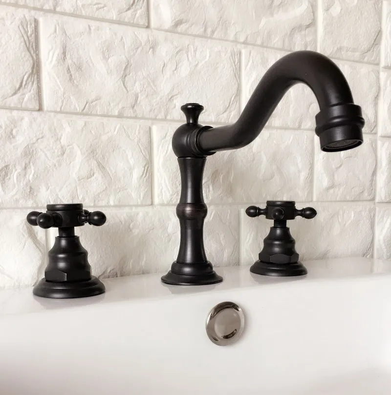 

Black Finish Brass 2 Cross Handle Knob Widespread Basin Faucet Bathroom Sink Hot And Cold Water Tap Deck Mounted 3 Hole Dhg064