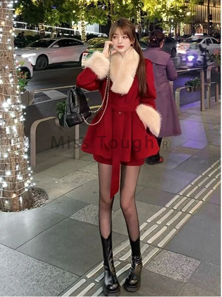 Winter Red Warm Christmas Two Piece Set Women Korean Fashion Sweet Skirt Suit Female Long Sleeve Vintage New Year Set 2024 New