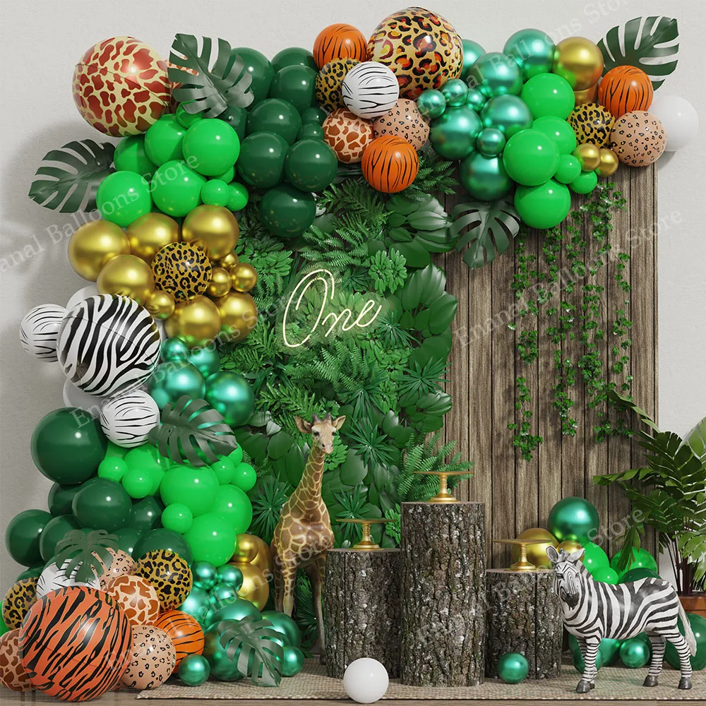 

Jungle Hunting Green Balloon Flower Ring Arch Kit 4D Animal Print Tiger Deer Pattern Balloon Wild One Baby Shower Birthday Party