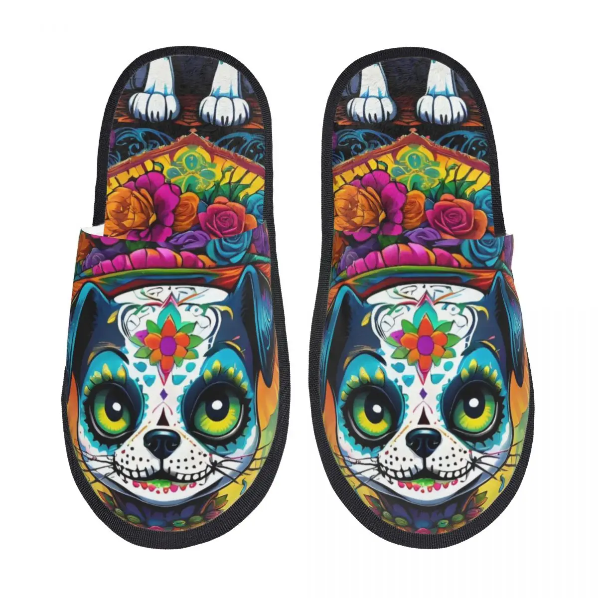 

Тапочки-шлепанцы женские с мексиканским цветочным узором и черепом, уютные, теплые, с эффектом памяти, пушистые, для дома и улицы, в стиле День мертвых