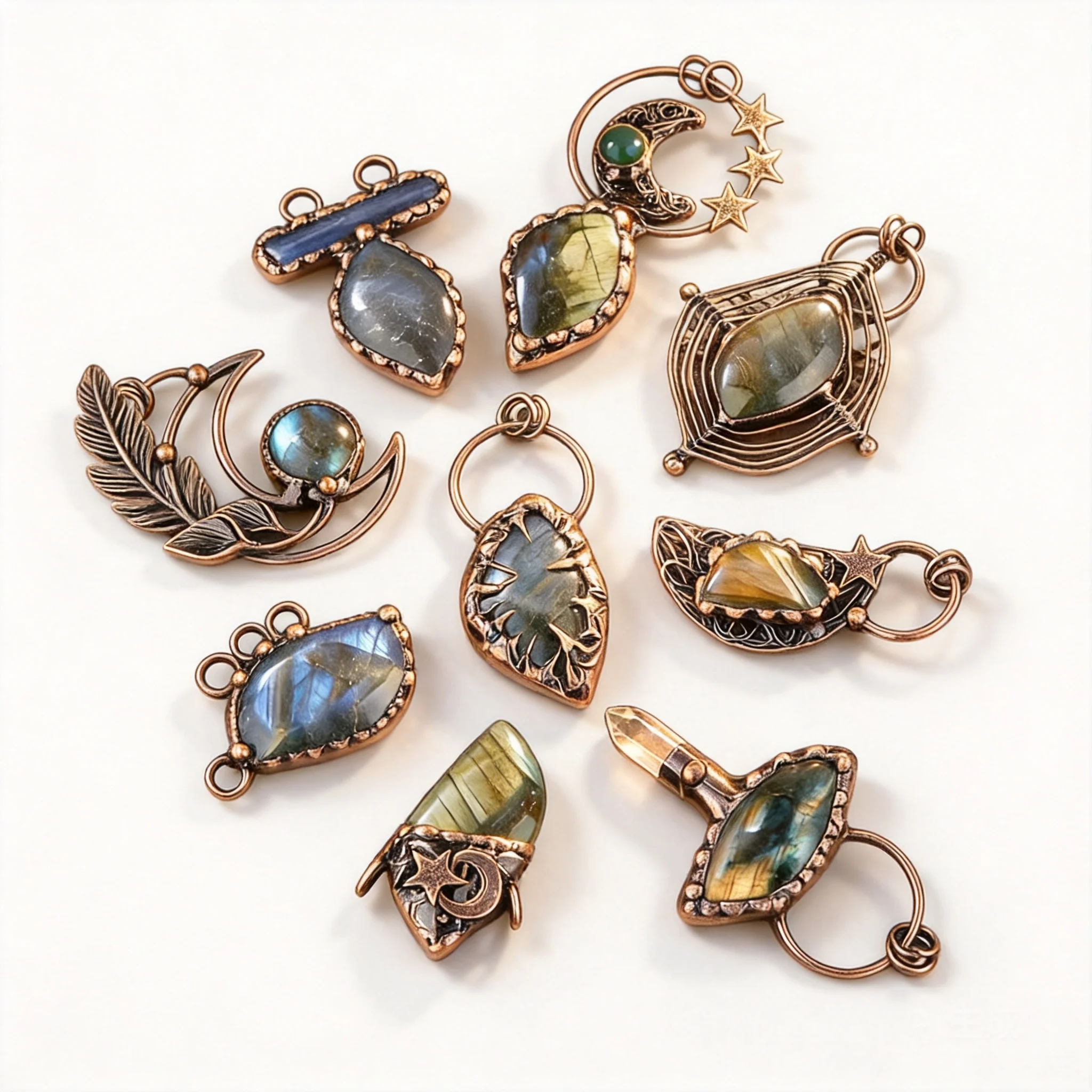 

Lucky Fortune Blessing Chinese Style Vintage Antique Copper Natural Labradorite Pendant Handmade Original Design Sweater Chain