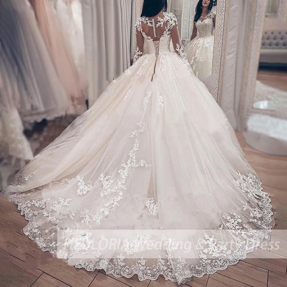 Vestido de baile de manga longa para noiva, vestido de noiva vintage, elegantes apliques de renda, trem para noiva, 2021