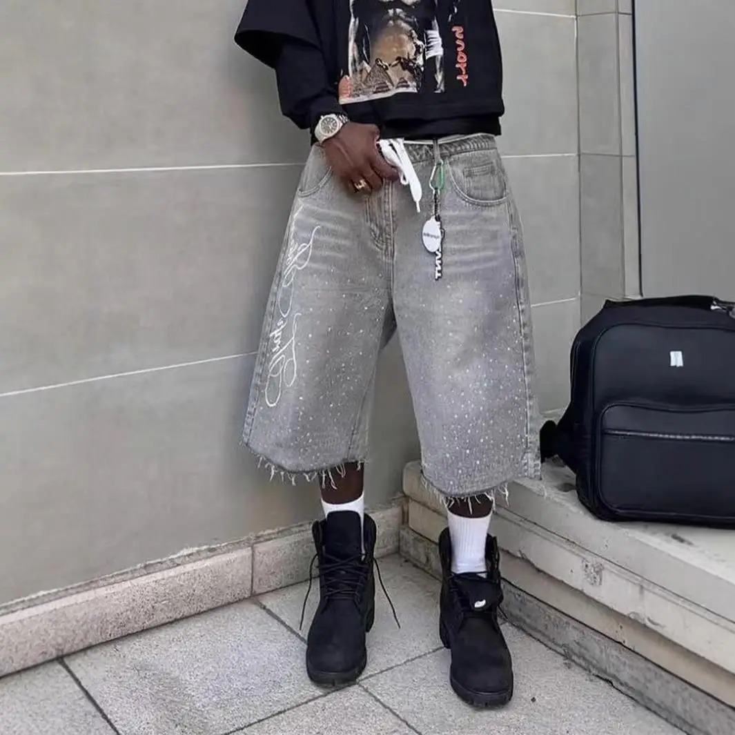 

Men Wide Leg Jeans Calf Length Trousers Vintage Mid Waist Washed Diamonds Distressed Pockets Denims Streetwear Summer 2025