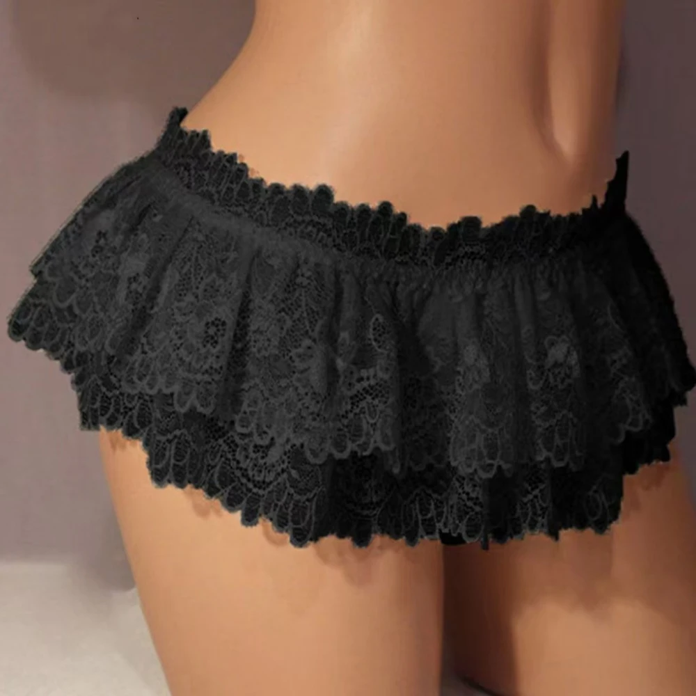 Rok Celana Dalam Renda Sissy - Celana Dalam Bikini Thong G-String Akses Terbuka Lingerie Crossdress Feminin Pakaian Dalam Berkerut