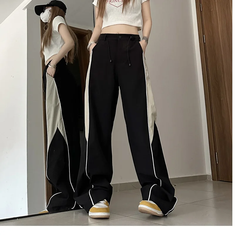 

Women's Bottoms Black Drawstring Sweatpants Casual High Waist Straight Mopping Pants Fashion Baggy Wide Leg Trouser Ladies Autum