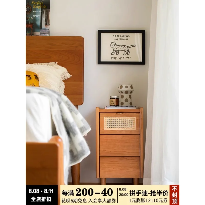 

Floating Life/Bedside Table Small Cabinet Mobile Edge Cabinet Cherry Wood with Light Solid Wood Japanese Ins High Style