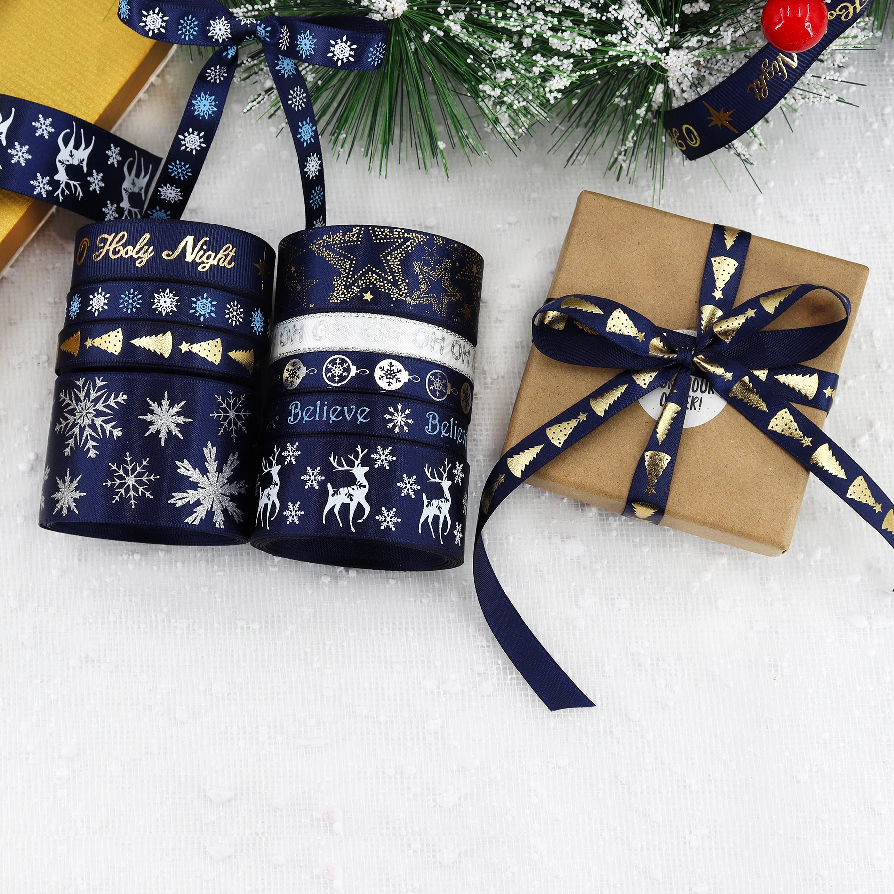 Navy Blue Christmas Ribbon,Holiday Printed Grosgrain Satin Ribbon, Christmas Ribbon Bows for Wreaths,Gift Wrapping,Sewing