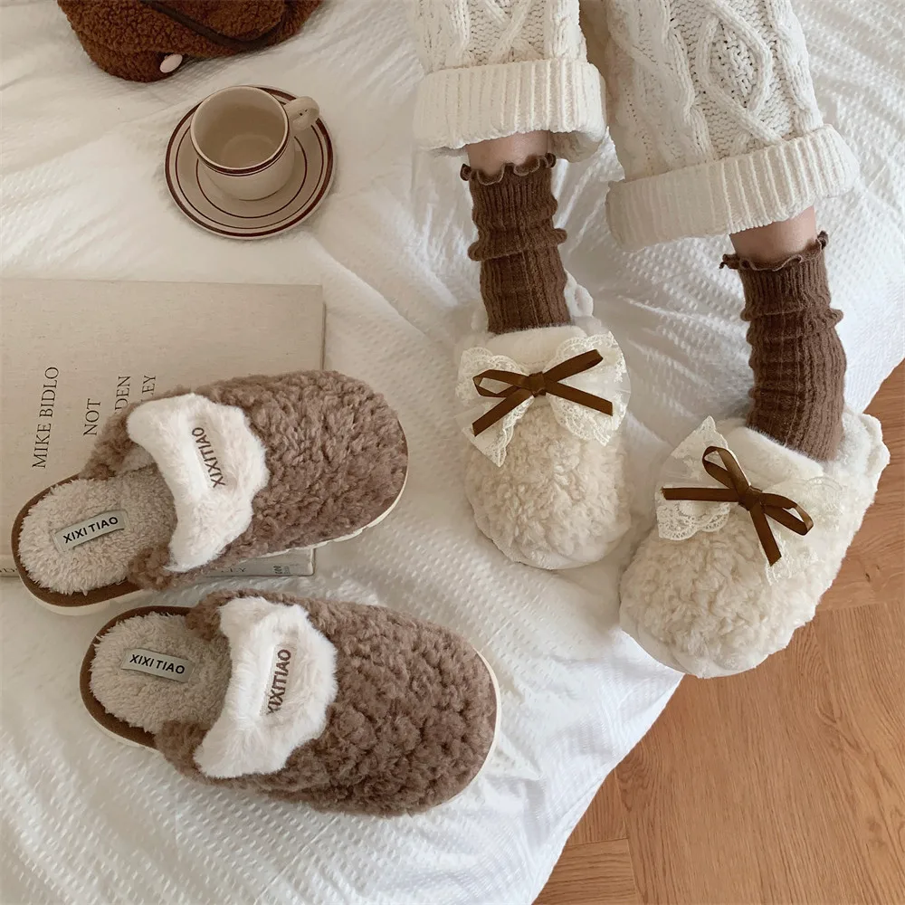 

Women Winter Home Slippers Autumn Cute Bow Warmth Thick Plush Non-Slip Leisure Shoes Sweet Soft Bedroom Couples Shoes