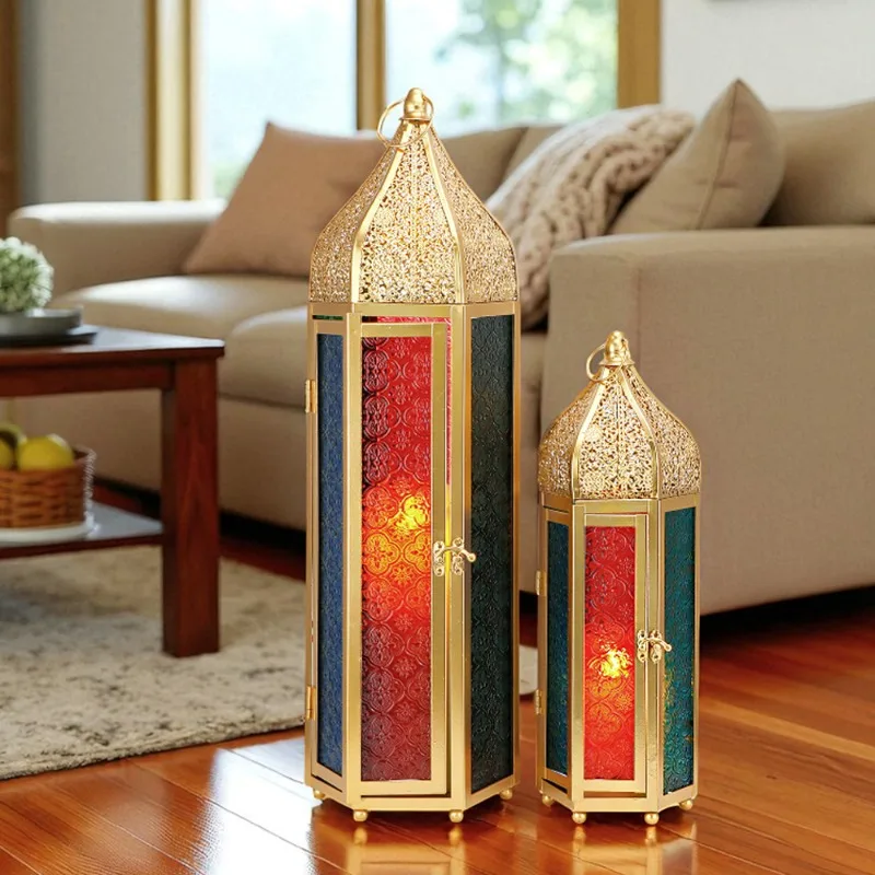 Set of 2 Moroccan Gold Candle Lanterns 22.5'' 15'' H Embossed Glass Metal & Glass Christmas Decoration Hanging Candle Holders