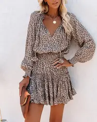 Women's Long Sleeve Mini Dress V-neck Drawstring Fashion Leopard Printed Waist Tied Dress Elegant Office Lady Dresses For Women