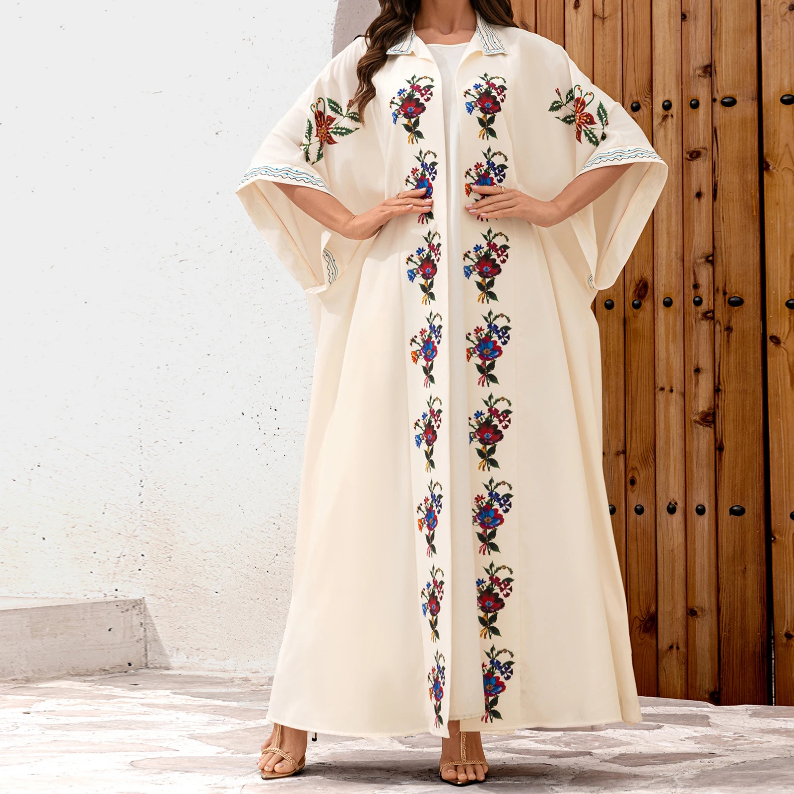 Women Flower Abaya Cape Loose Mock Neck Open Front Long Cardigan Casual Kaftans