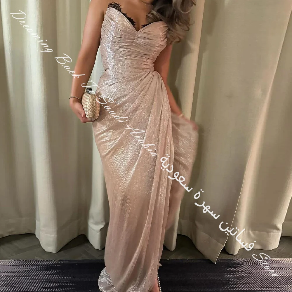 Customized Elegant Graceful Strapless Chiffon Lace Up Back Sleeveless Straight Evening Dresses Pleats Ribbons Photo Color Floor 