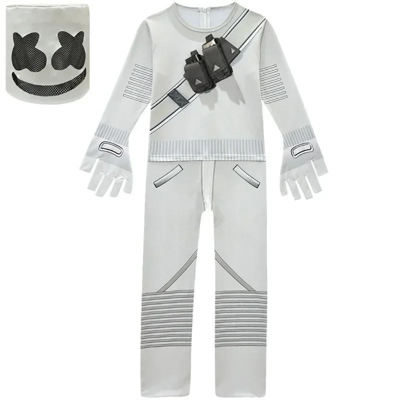 Kids Fortnites DJ Marshmello Cosplay Halloween Costume with Mask Boys Girls Jumpsuit Carnival Party Electric Syllables Bodysuit