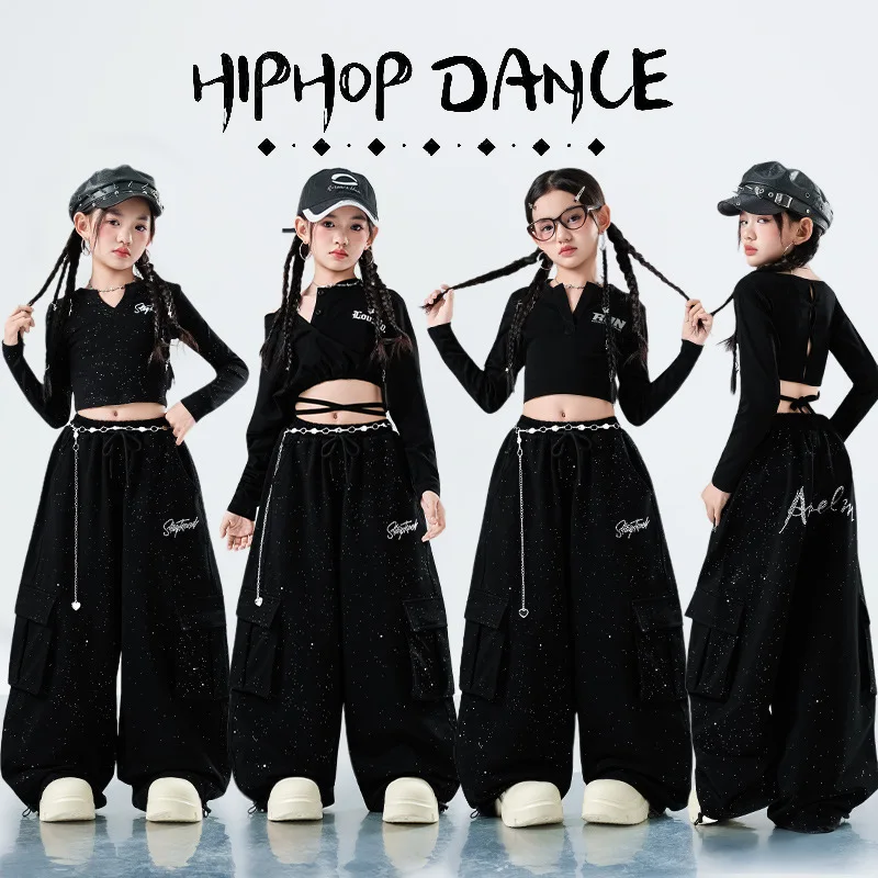 

4-18 black teen girls Hip hop jazz street dance clothes short top t-shirt wide-leg pants shining junior child kids sport outfits