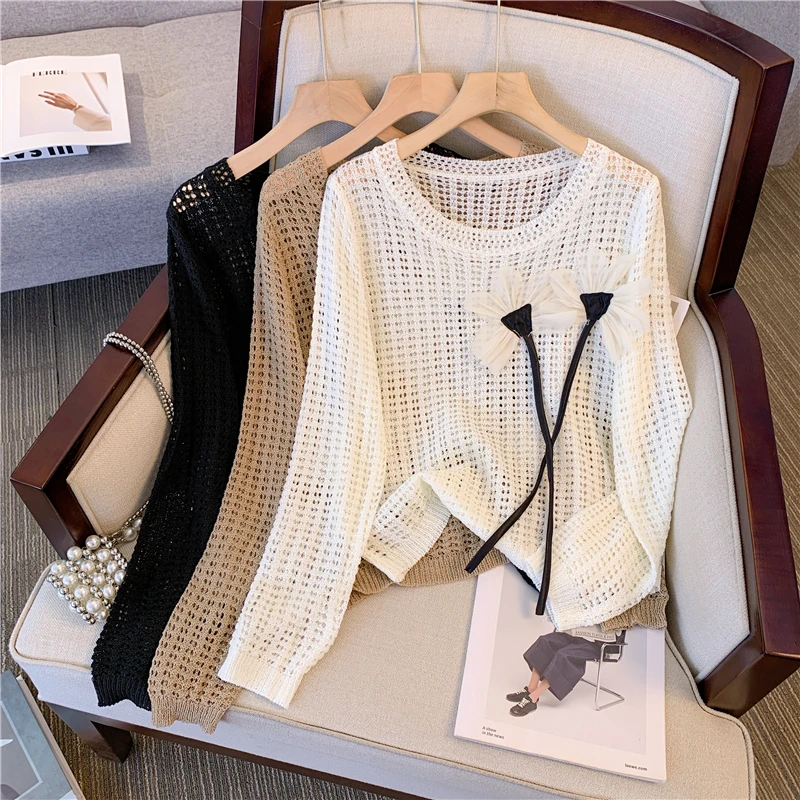 3D Flower Knitted Pullovers for Women Spring Autumn Long Sleeve Hollow Out Top Temperament O-Neck Sunscreen Shirt Loose