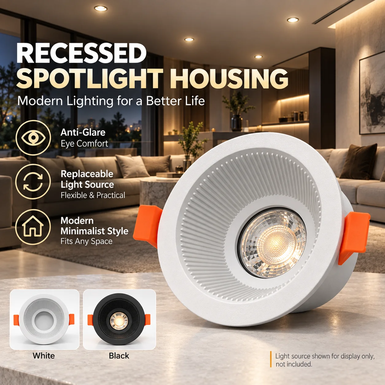 GU10 MR16 Recessed Downlight Frame 90mm Cutout Deep Anti Glare Aluminum Spotlight Housing Replaceable Bulb Holder Ceiling Light