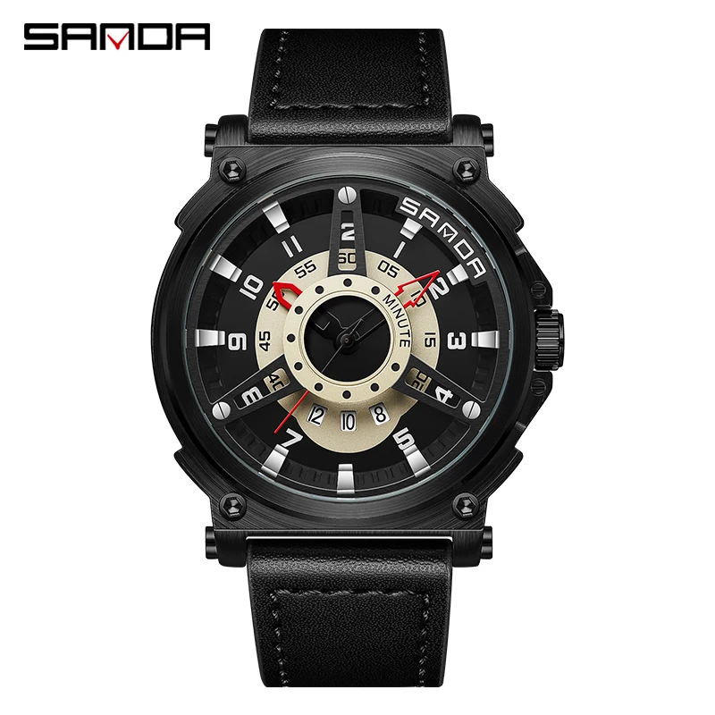

SANDA 5013, модные мужские кварцевые часы, креативный скелетонизированный циферблат, календарь, кожаный ремешок, повседневные спортивные часы для мужчин, reloj hombre