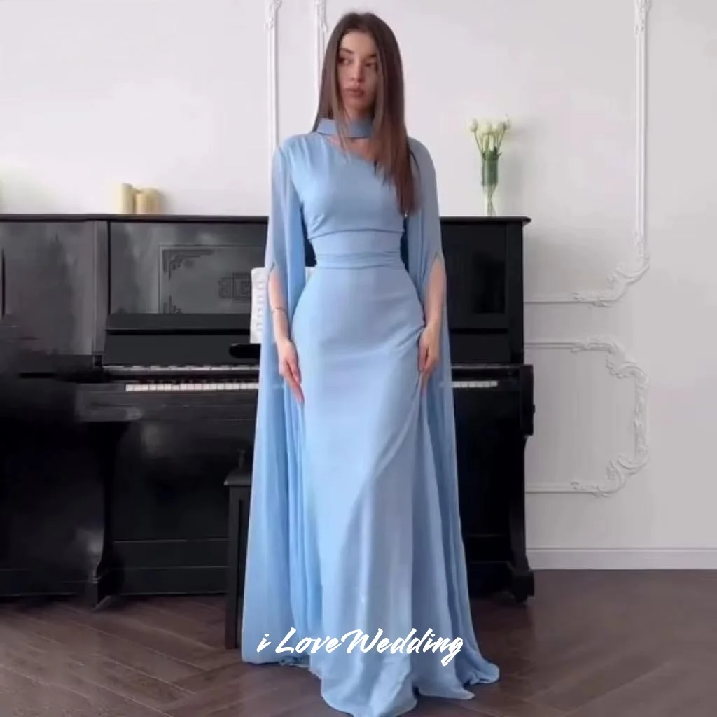 

Sky Blue High Neck Evening Dress 2025 Chiffon Long Sleeve Mermaid Lace-Up Pleated Floor-Length Wedding Party Dresses Customized