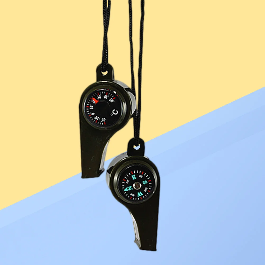 2 قطعة صفارات متعددة الوظائف 3 في 1 بقاء والعتاد البلاستيك الأسود التخييم التنزه صافرة مع بوصلة صغيرة ميزان الحرارة في الهواء الطلق