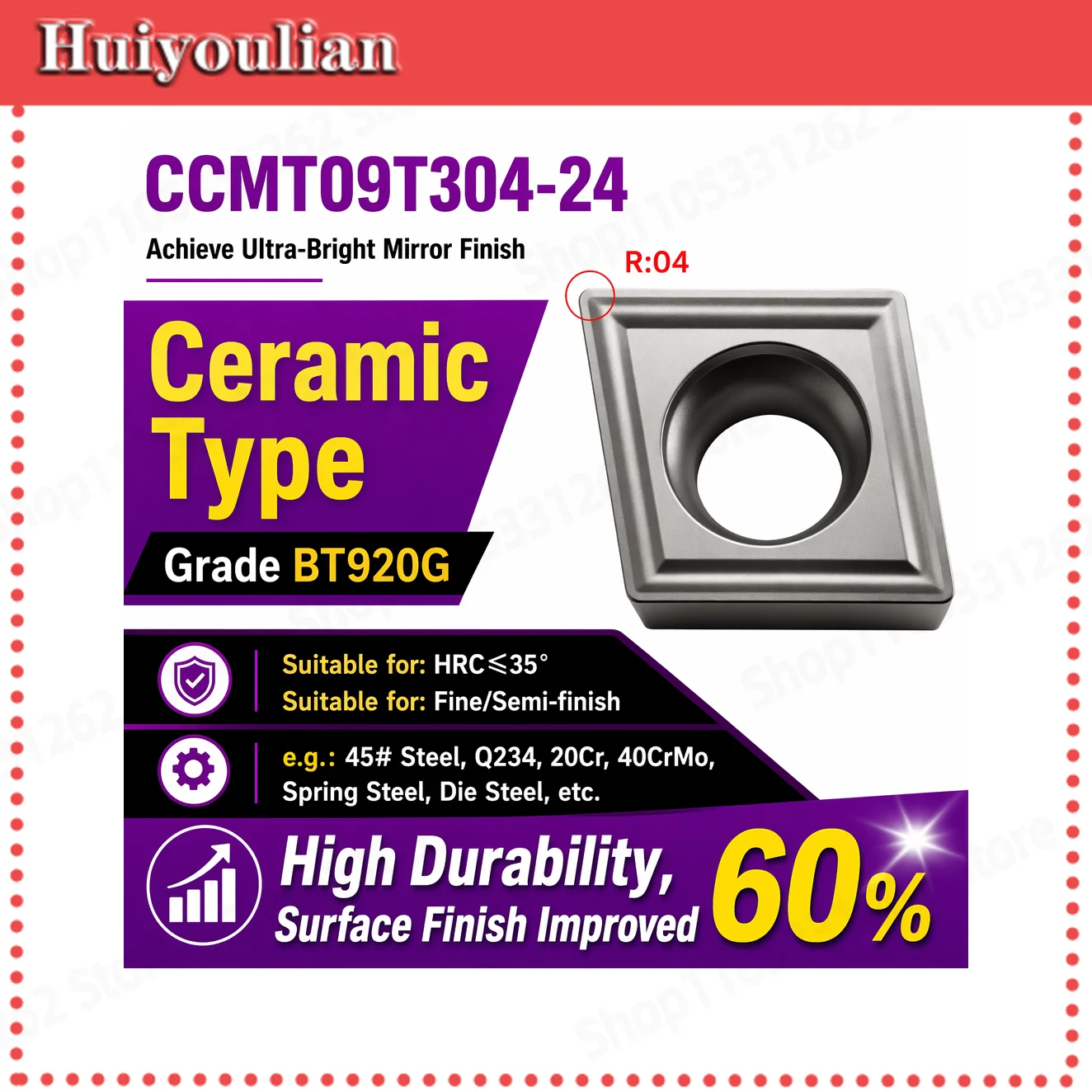 CCMT09T304-24 CNC Lathe Boring Insert Ceramic Grade Ultra-Bright Series Max HRC35 Finishing Semi-finishing