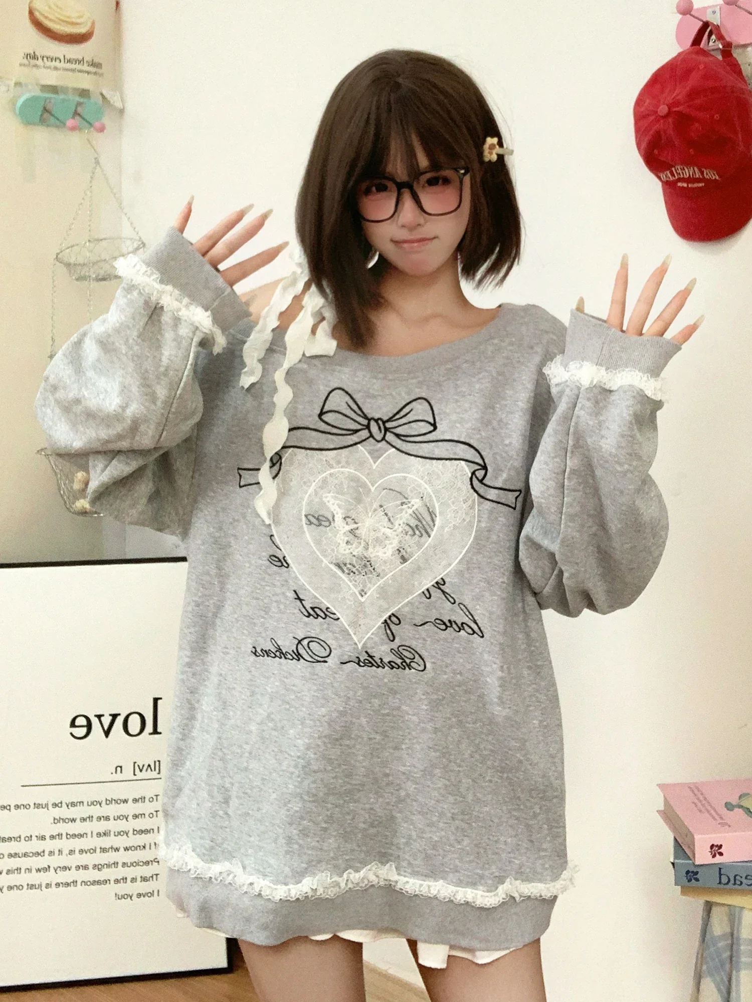 Stitch Ruched Lace Up Bow Gray One Off Shoulder Loose Sweatshirts Women's Hoodies y2k clothing fall winter harajuku 2000s korean