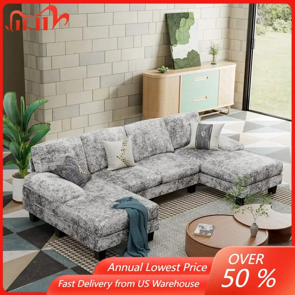 Convertible Sectional Sofa Couch, Modern Fabric U-Shaped 4-Seat with Double Chaise & Memory Foam,Grey Living Room Sofas