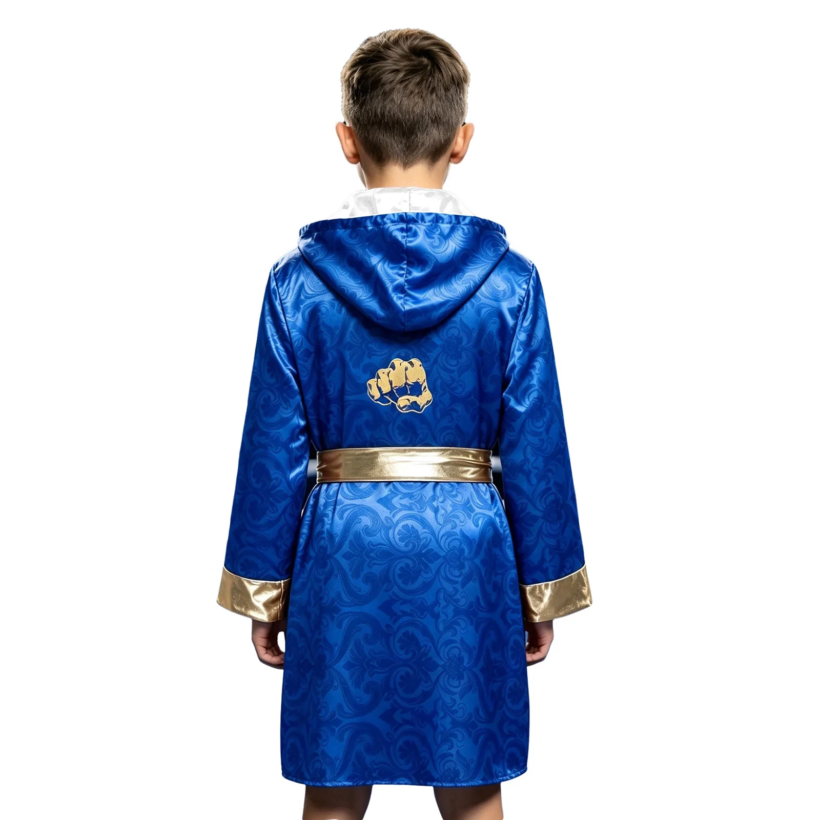 Kids Boys Boxing Robe Halloween Boxer Costume Long Sleeve Floral Print Hooded Cape Gown with Belt for Cosplay Sport Themed Party