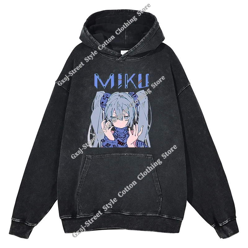 

Anime Cartoon Cute MIKU Print Hoodies Cotton Washed Vintage Oversized Pullover Tops y2k Harajuku Casual Women Loose Sweatshirt