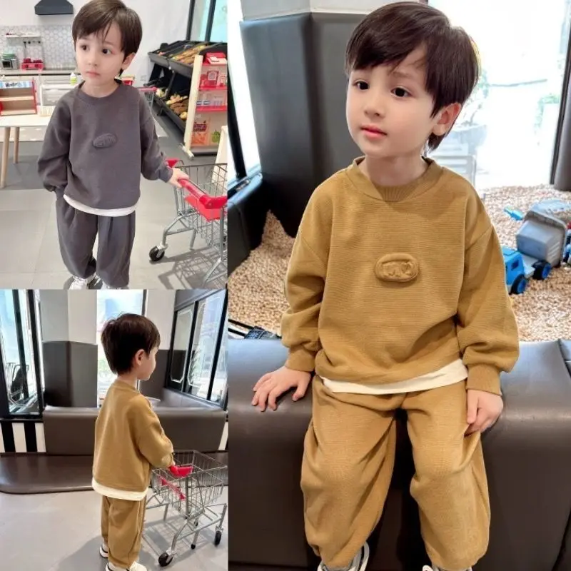 

Boys' Suit Autumn New Cute Fake Two Pieces Long-Sleeve Suit 2023 Baby Autumn Clothing Solid Color Casual Two-Piece Suit