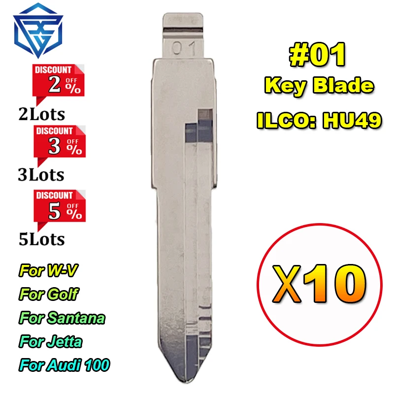 

#01 01 Replacement Car Key Blade ILCO LISHI HU49 For W-V for Golf for Santana for Jetta For Audi 100 Key Uncut Blank Car-styling