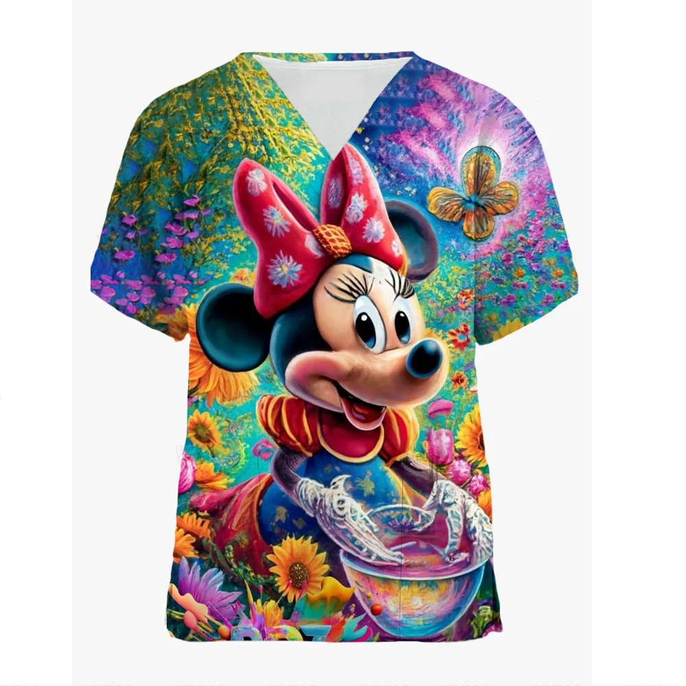 Tops Women Scrub Nurse Disney Mickey Mouse Cartoon V-Neck Tops Working T-Shirt Minnie Print Healthcare Tunic Carers Workwear Top