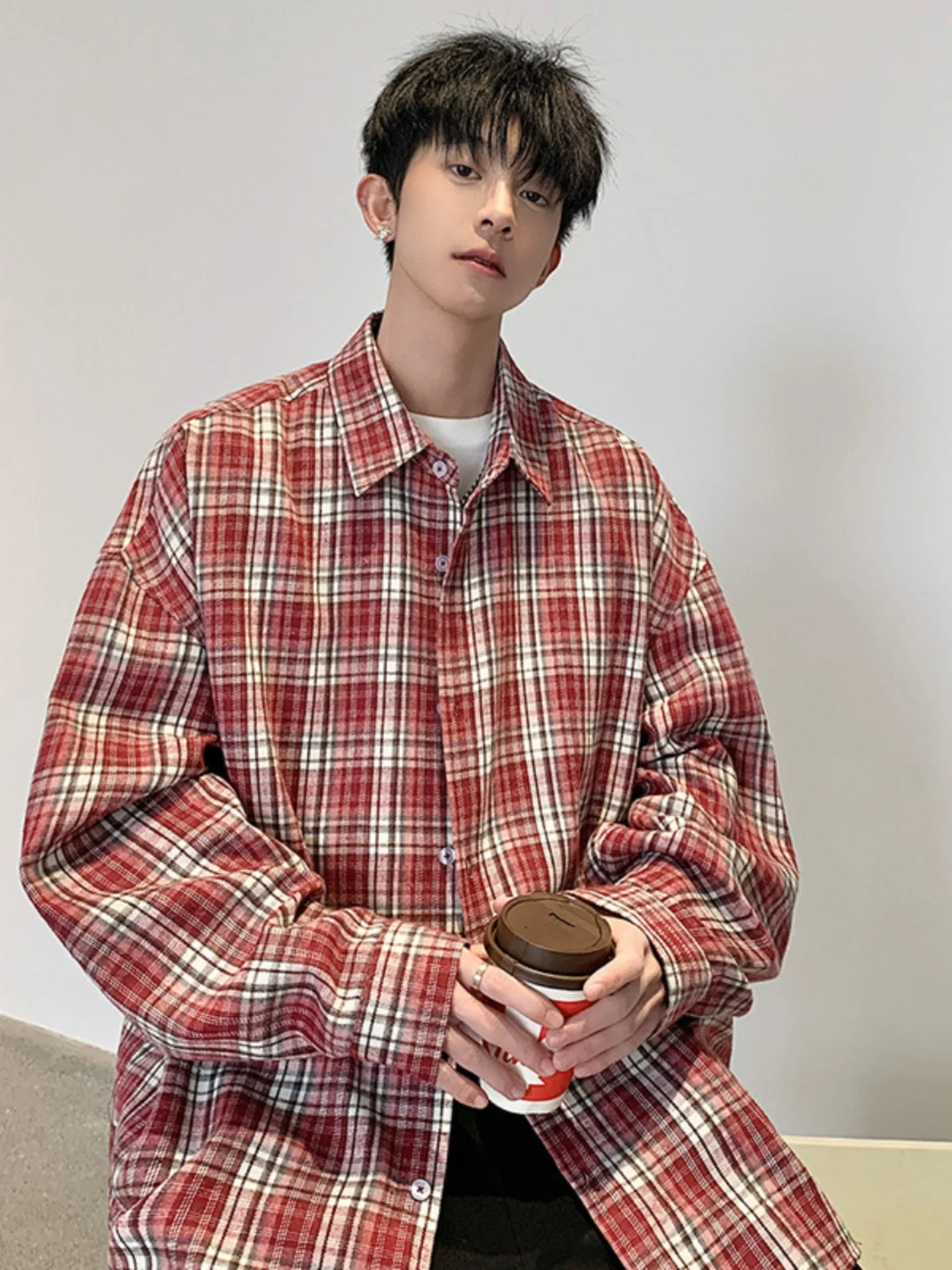 

American Retro Red Plaid Long Sleeve Shirt Men's Spring Outerwear Inner Shirt Handsome High-End Feeling Checkered Shirt