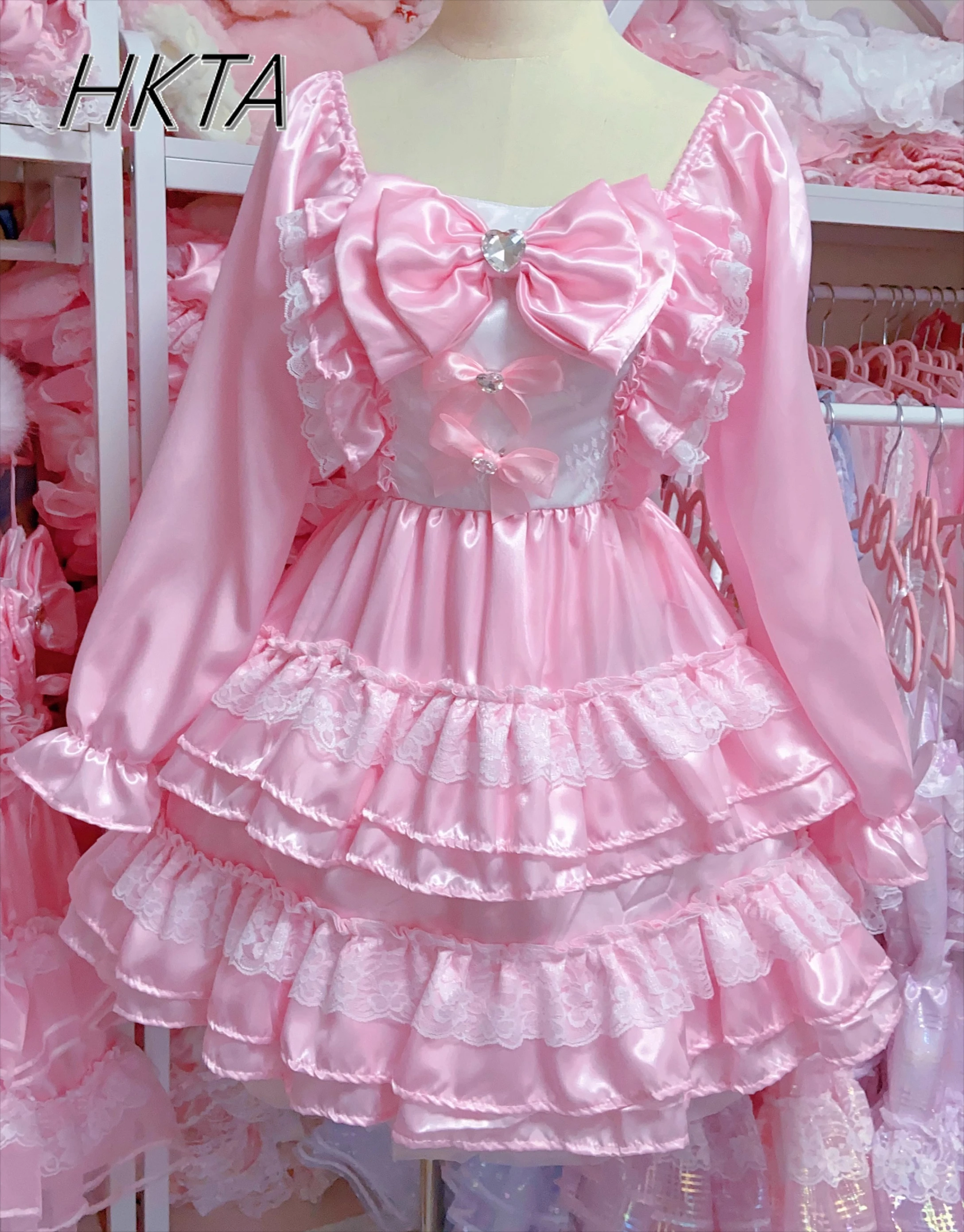 Lolita doce kawaii pescoço quadrado pétala manga longa rosa vestidos curtos feminino verão novo laço arco cintura em camadas bolo vestidos inchados