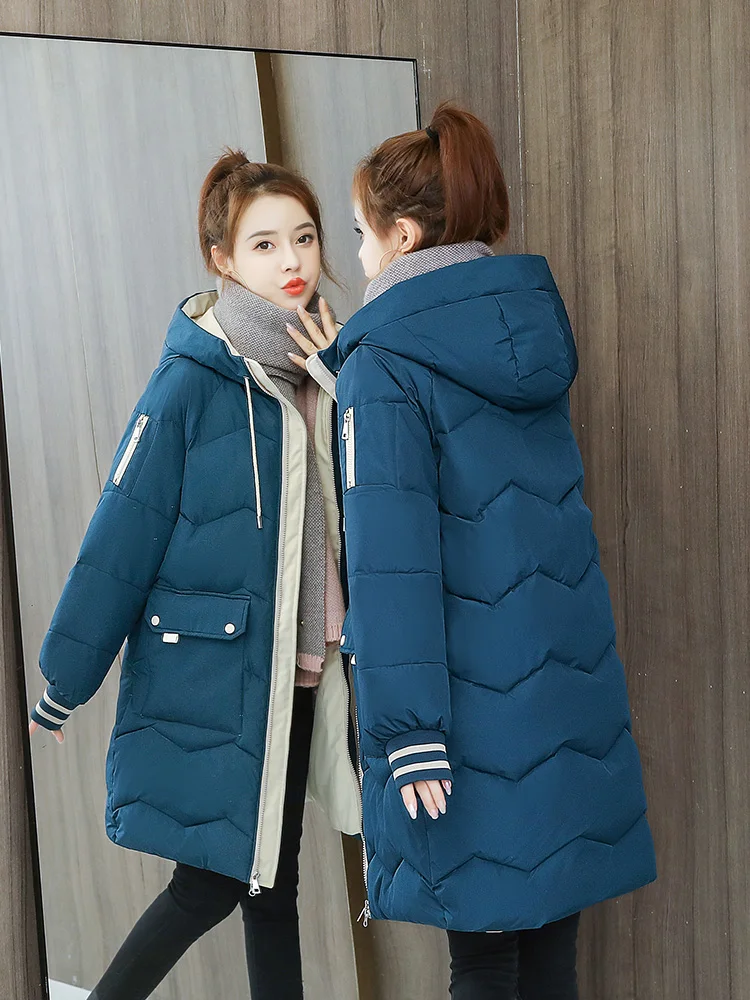 Jaqueta Feminina Solta de Algodão com Capuz e Zíper, Comprimento Médio, Estilo Coreano, Ideal para o Inverno e o Dia a Dia, T...