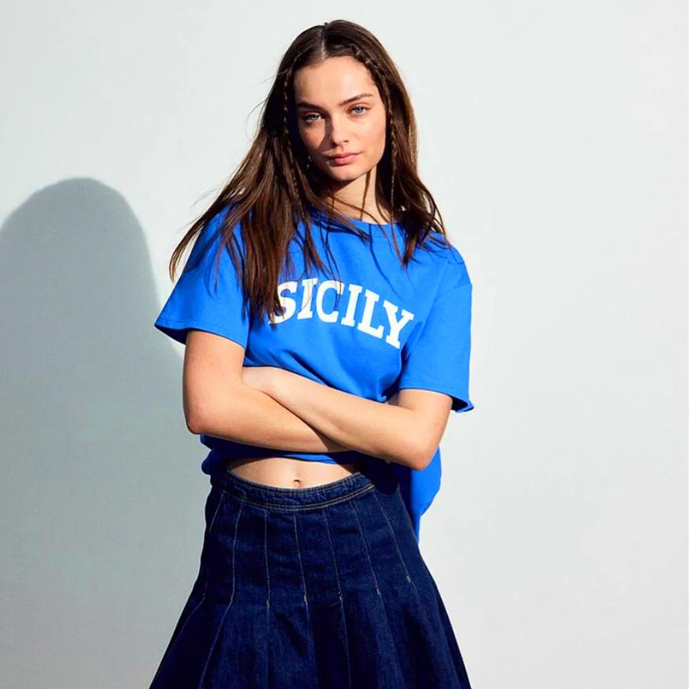 

Королевские синие футболки с короткими рукавами и принтом Sicily, летние свободные хлопковые топы с круглым вырезом, футболки Ins, модные повседневные крутые рубашки