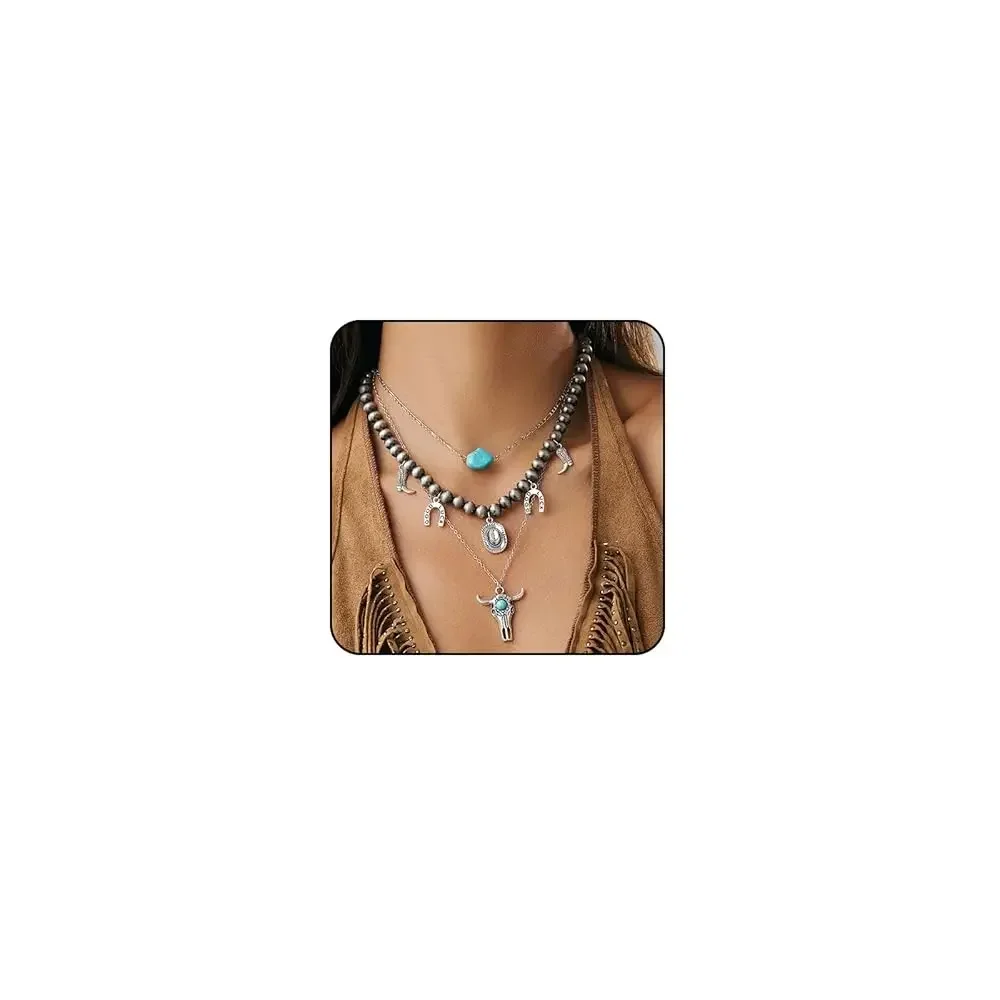 Collares Boho en Capas para Mujer, Joyería Occidental de Turquesa para Mujer, Collar con Diseños de Cactus, Cabeza de Buey, Cruz, Sombrero y Botas, Estilo Country, Stack Co