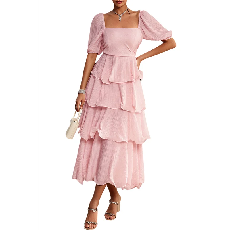 【Decoração de festa】 Vestido maxi boho de verão feminino manga curta bufante flowy linha em camadas vestidos longos de férias na praia