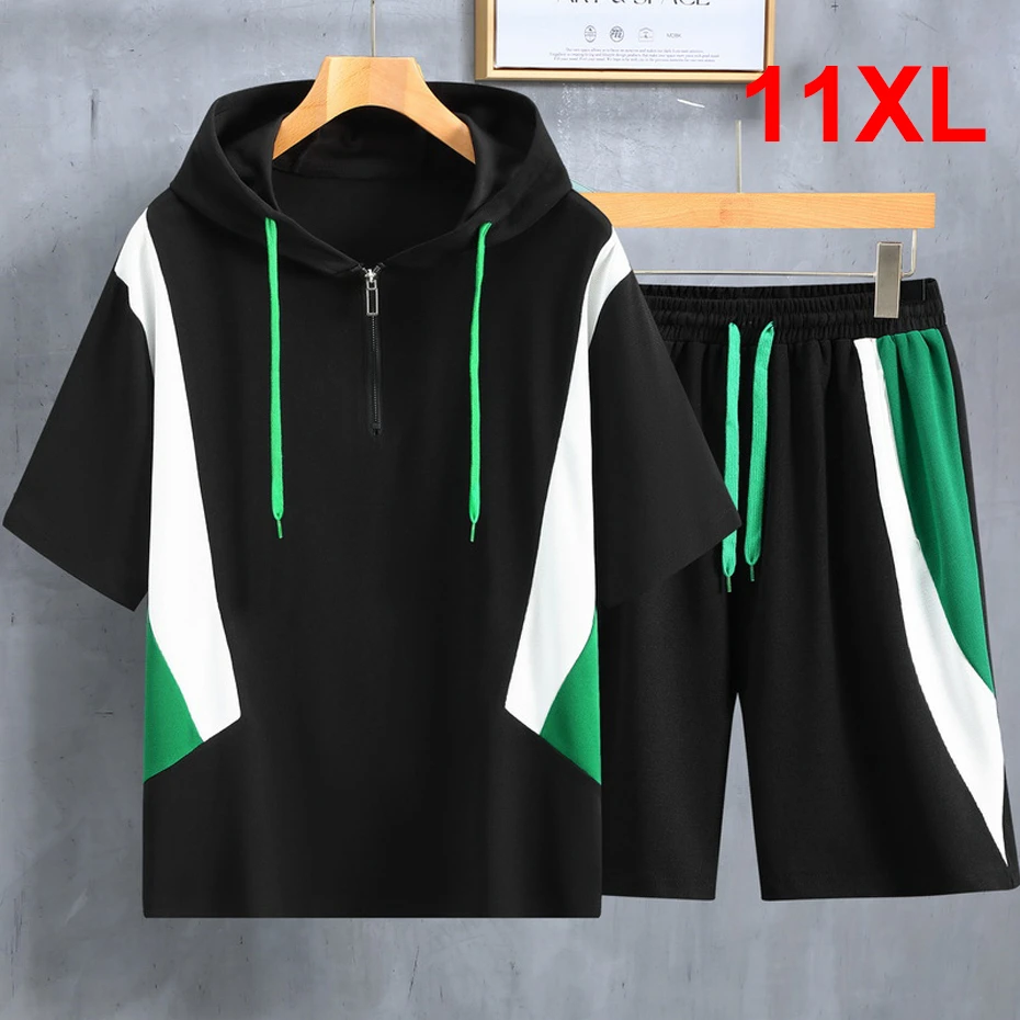 

Summer Tracksuits Plus Size 11XL 10XL Men's Sets Fashion Casual Hooded T-shirts Pants Suits Male Patchwork Sets Big Size 11XL