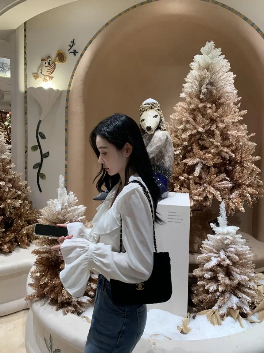 

Chic Women's irt with Pleated Lace Hem Deep V-Ne Slimming Long Sve Bell Sve Chiffon Top for Busin Casual Wear