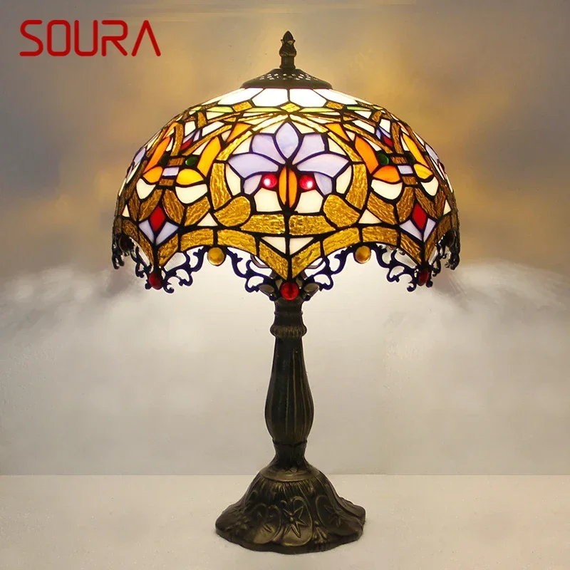 SOURA Tiffany Table Lamp LED Luxury Creativity Living Room Study Bedroom Bedside Lamp Villa Hotel Color Glass Desk Light
