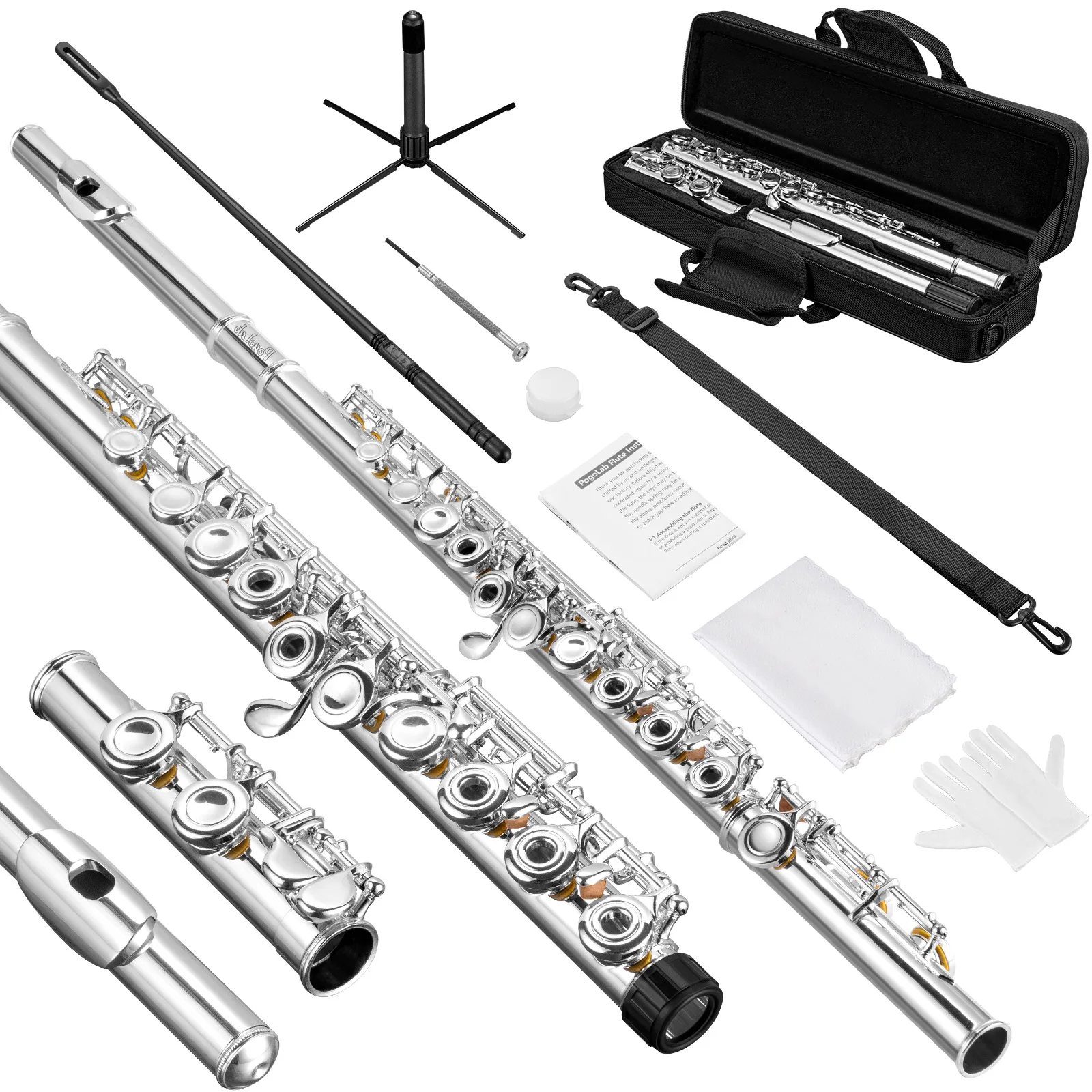 Pro Student Flute Kit 16 Key Open Hole C Flute Silver Plated W/ Stand+Case Kit Conservatory Grade for Beginners To Advanced