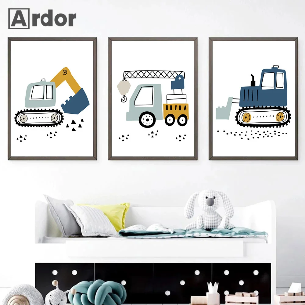 Cartoon Crane Excavator Tractor Truck Wall Art Canvas Painting Nursery Print Child Poster Nordic Wall Pictures Boys Room Decor