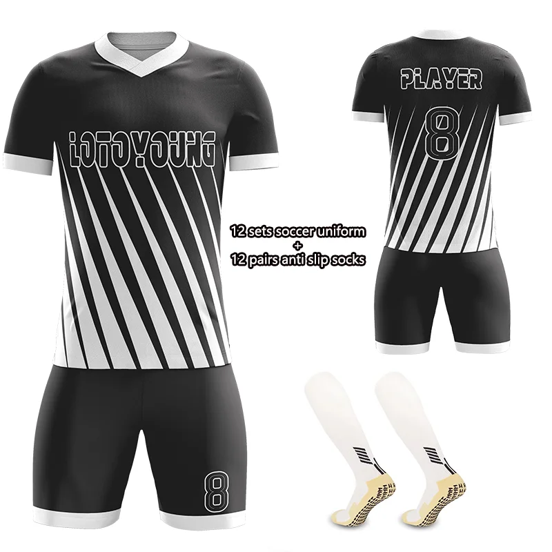 

Soccer Jerseys Full Sublimation Printing Sportswear Kid Soccer Jersey Black and White Sets Team Logo Name Men Football Uniforms